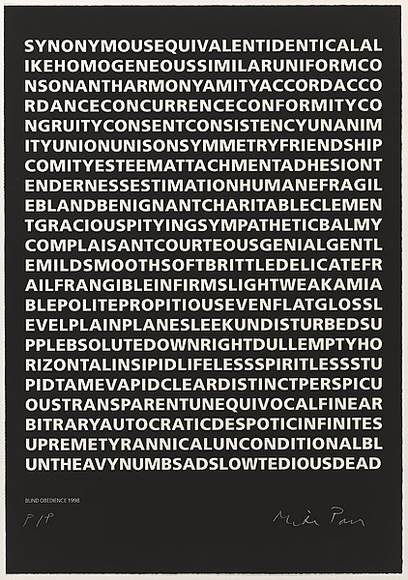 Artist: b'PARR, Mike' | Title: b'Blind obedience 1998 [2].' | Date: 2000 | Technique: b'screenprint, printed in black ink, from one stencil'