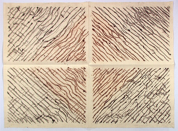 Artist: b'KING, Martin' | Title: b'not titled [geometric design in four parts, forming a concentric diamond] [Recto]' | Date: 1995 | Technique: b'open-bite and drypoint, printed in colour a la poupee, from one plate'