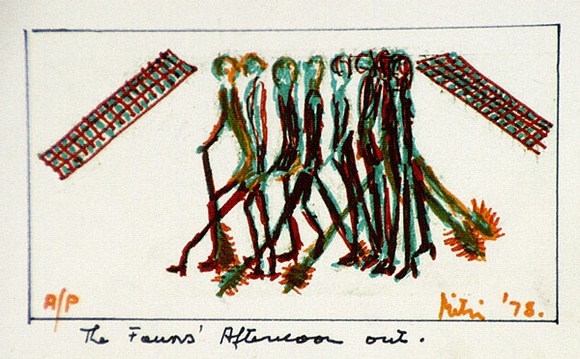 Artist: b'SHEARER, Mitzi' | Title: bThe faun's afternoon out | Date: 1978 | Technique: b'etching, printed in green ink with plate-tone, from one  plate, hand-coloured in felt-tipped pen'