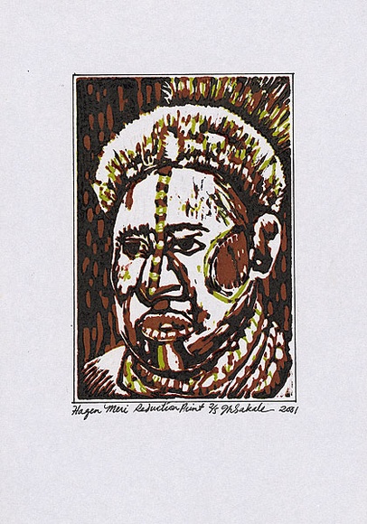 Artist: b'Sakale John, Laben.' | Title: b'Hagen meri [Hagen woman]' | Date: 2002 | Technique: b'linocut, printed in colour by the reduction method, from one block'