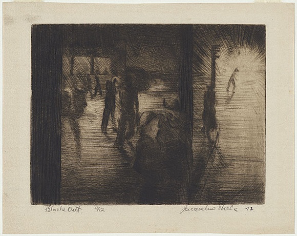 Artist: b'Hick, Jacqueline.' | Title: b'Black out.' | Date: 1942 | Technique: b'drypoint, printed in dark drown ink with plate-tone, from one plate'