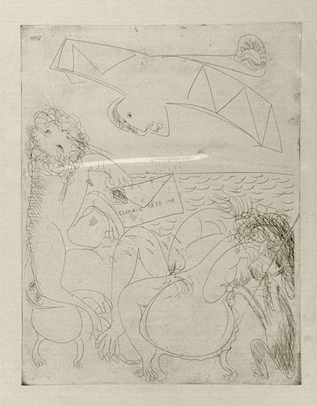 Artist: b'BOYD, Arthur' | Title: b'Bert Hinkler; his wife and lion and letter.' | Date: (1968-69) | Technique: b'etching, printed in black ink, from one plate' | Copyright: b'Reproduced with permission of Bundanon Trust'