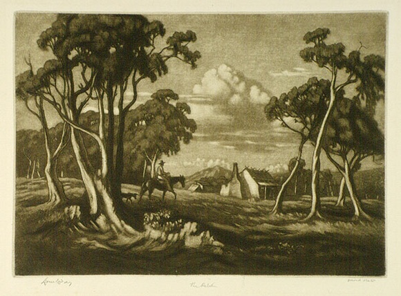 Artist: b'LINDSAY, Lionel' | Title: b'The return' | Date: c.1950 | Technique: b'mezzotint and etching, in brown ink, from one plate' | Copyright: b'Courtesy of the National Library of Australia'