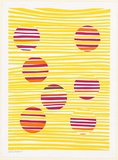 Artist: Harper, Melinda. | Title: not titled [red circles behind yellow horizontal stripes]. | Date: 2003 | Technique: screenprint, printed in colour, from three stencils