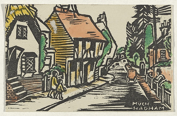 Artist: bO'Connell, Ella. | Title: b'Much Hadham: a postcard.' | Date: (1945) | Technique: b'linocut, rubber stamps, pen and ink, hand-coloured'