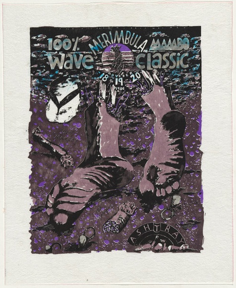 Artist: b'WORSTEAD, Paul' | Title: b'100% Merimbula Mambo - wave classic' | Date: 1986 or 85? | Technique: b'screenprint, printed in colour, from four stencils; hand-coloured' | Copyright: b'This work appears on screen courtesy of the artist'