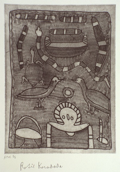 Artist: b'KARADADA, Rosie' | Title: b'not titled #3 [Wandjina figure, two bush turkeys, snake, turtle, coolamon, boomerang and tommahawk]' | Date: 1995, proofed | Technique: b'etching, printed in black ink, from one plate'