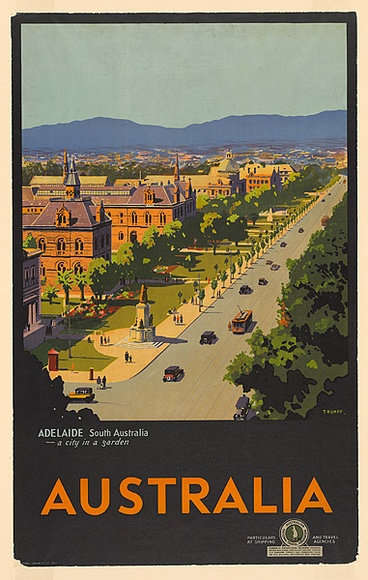 Artist: b'TROMPF, Percy' | Title: b'Adelaide, South Australia, a city in a garden, Australia.' | Date: (1930s) | Technique: b'lithograph, printed in colour, from multiple stones'