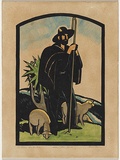 Artist: Thake, Eric. | Title: (The shepherd) | Date: 1930 | Technique: linocut, printed in black ink, from one block; hand-coloured