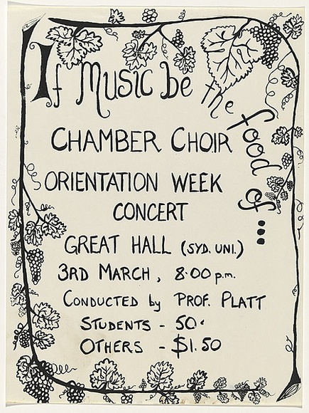 Artist: UNKNOWN | Title: If music be the food of...Chamber Choir, Orientation Week Concert. | Date: 1979 | Technique: screenprint, printed in black ink, from one stencil