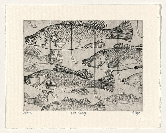 Artist: b'Virgo, Anne.' | Title: b'Gone fishing' | Date: 1999, November | Technique: b'etching; collaged addition of cotton and metal hooks'