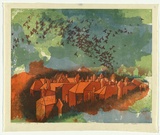 Artist: Thorpe, Lesbia. | Title: Winter skyline | Date: 1981 | Technique: woodcut and lithograph, printed in colour, from four stones [or plates]
