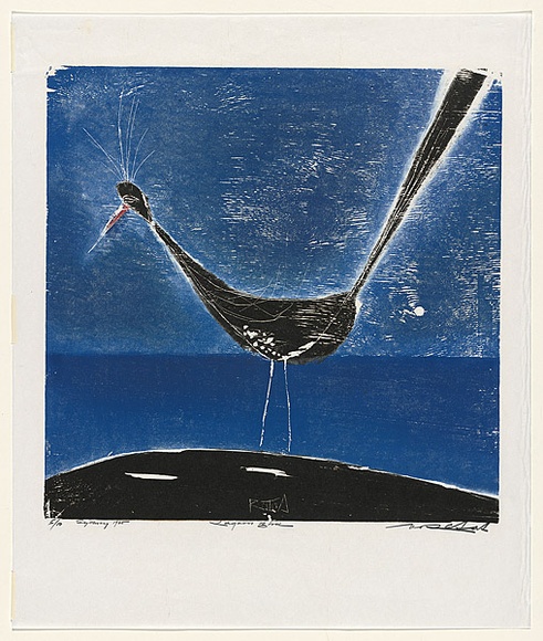 Artist: b'Ratas, Vaclovas.' | Title: b'Lagoon bird' | Date: 1965 | Technique: b'woodcut, printed in colour, from two blocks in blue and black inks'