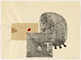 Artist: b'Lynn, Elwyn.' | Title: b'Chums' | Date: 1970 | Technique: b'lithograph, printed in black ink, from one stone; collage, rice paper, newsprint, sealing wax and string'