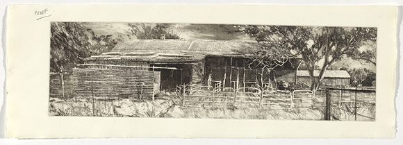 Artist: b'PORTER, Chris' | Title: b'Untitled [shed]' | Date: 1995-96 | Technique: b'etching, printed in black and sepia ink from one plate.'