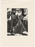 Artist: Trikojus, Jane. | Title: not titled [Dog and man] | Date: 1989 | Technique: linocut, printed in black ink, from one block | Copyright: © Jane Trikojus
