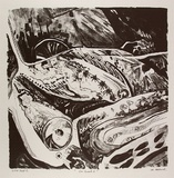 Artist: b'Hillard, Merris.' | Title: b'Car smash 2' | Date: c.1986 | Technique: b'lithograph, printed in black ink, from one stone'