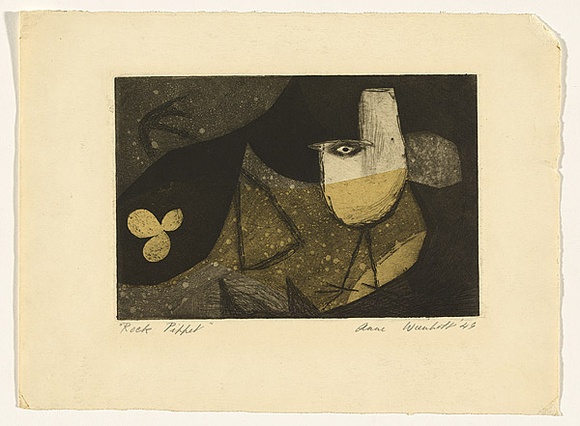 Artist: b'Wienholt, Anne.' | Title: b'Rock pippit' | Date: 1945 | Technique: b'etching, softground-etching and aquatint, printed in black ink, from one copper plate; gold ink applied by stencil'