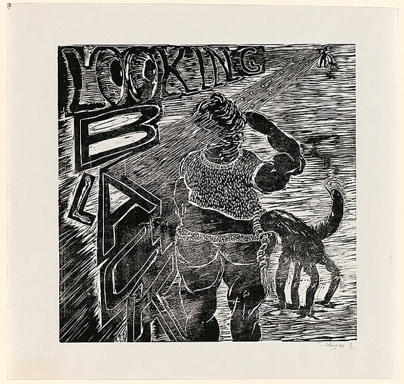 Title: b'Looking back' | Date: 1990 | Technique: b'woodcut, printed in black ink, from one block'