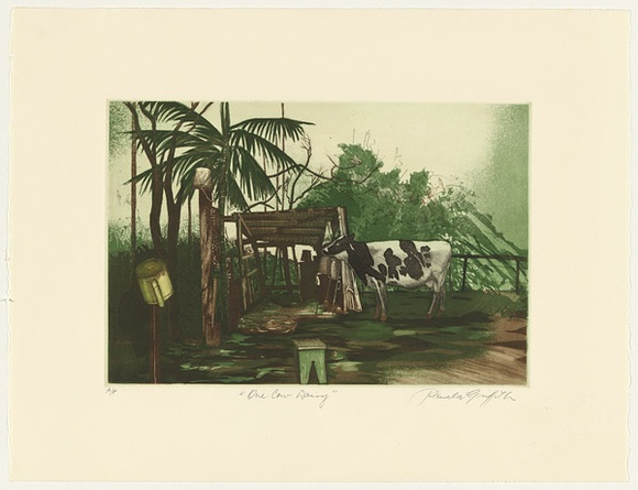 Artist: b'GRIFFITH, Pamela' | Title: b'One Cow Dairy' | Date: 1984 | Technique: b'hardground-etching and aquatint, printed in colour, from two zinc plates' | Copyright: b'\xc2\xa9 Pamela Griffith'