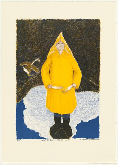 Artist: b'Robinson, William.' | Title: b'Self portrait with goose feathers' | Date: 2004 | Technique: b'lithograph, printed in colour, from multiple stones'