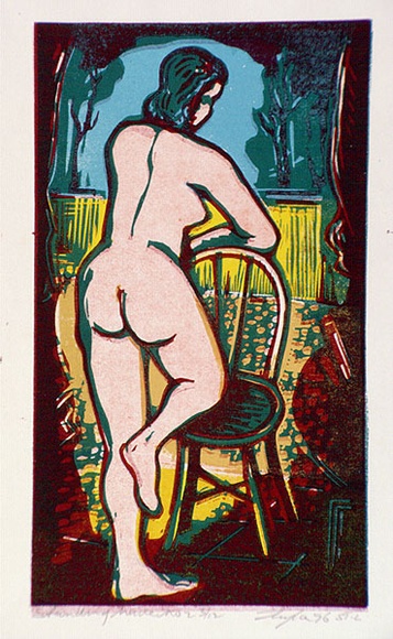 Artist: b'Taylor, John H.' | Title: b'Standing Nude No 2' | Date: 1976 | Technique: b'linocut, printed in colour, from four blocks'