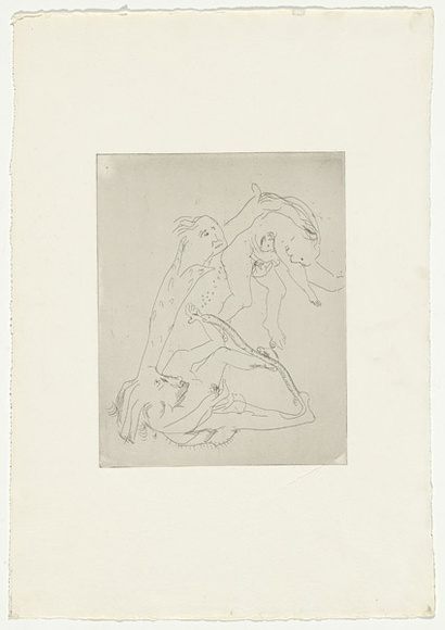 Artist: b'BOYD, Arthur' | Title: b'(Acrobats with snake and flower figure) [variant VI].' | Date: 1970 | Technique: b'etching, printed in black ink, from one plate' | Copyright: b'Reproduced with permission of Bundanon Trust'