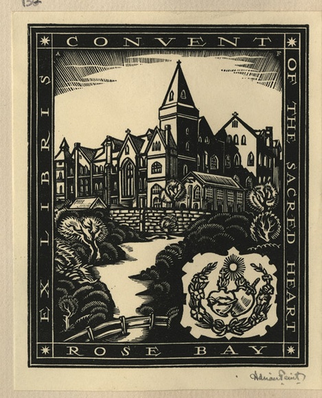 Artist: b'FEINT, Adrian' | Title: b'Bookplate: Convent of the Sacred Heart, Rose Bay.' | Date: (1933) | Technique: b'wood-engraving, printed in black ink, from one block' | Copyright: b'Courtesy the Estate of Adrian Feint'