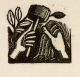 Artist: b'OGILVIE, Helen' | Title: b'(Hands with hammer and cloth)' | Technique: b'wood-engraving, printed in black ink, from one block'