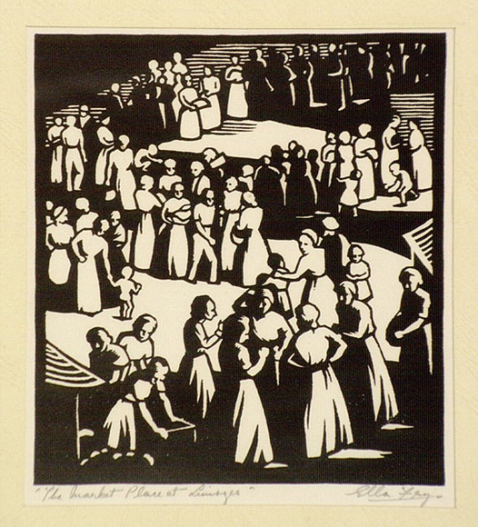 Artist: b'Fry, Ella.' | Title: b'The marketplace in Limoges.' | Date: 1942 | Technique: b'linocut, printed in black ink, from one block'