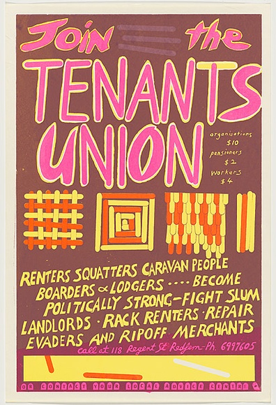 Artist: b'WORSTEAD, Paul' | Title: b'Join the Tenants Union' | Date: 1981 | Technique: b'screenprint, printed in colour, from three stencils in pink, yellow and purple inks' | Copyright: b'This work appears on screen courtesy of the artist'