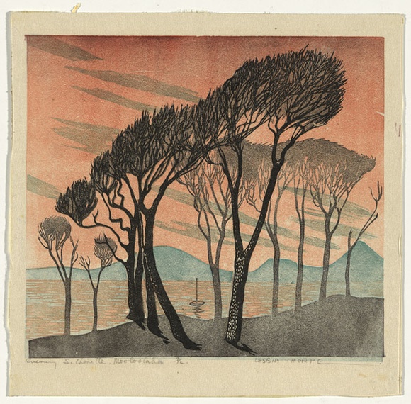 Artist: b'Thorpe, Lesbia.' | Title: b'Evening silouette, Mooloolaba' | Technique: b'linocut, printed in colour, from four blocks'