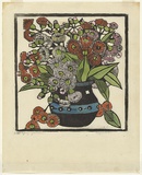 Artist: b'PRESTON, Margaret' | Title: b'Gum blossoms' | Date: 1928 | Technique: b'woodcut, printed in black ink, from one block; hand-coloured' | Copyright: b'\xc2\xa9 Margaret Preston. Licensed by VISCOPY, Australia'