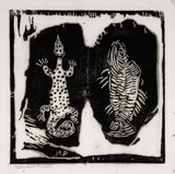 Artist: PRESTON, Margaret | Title: (Aboriginal design of fish and lizard) | Date: c.1945 | Technique: woodcut, printed in black ink, from one block | Copyright: © Margaret Preston. Licensed by VISCOPY, Australia