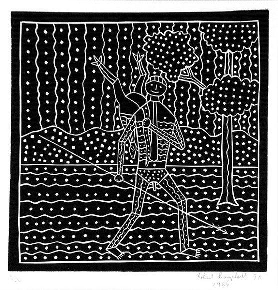 Artist: b'Campbell (Jnr.), Robert' | Title: b'The hunter' | Date: 1986 | Technique: b'linocut, printed in black ink, from one block' | Copyright: b'Courtesy of Rolsyn Oxley9 Gallery'