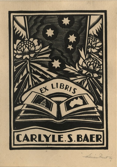 Artist: b'FEINT, Adrian' | Title: b'Bookplate: Carlyle S Baer.' | Date: (1929) | Technique: b'woood-engraving, printed in black ink, from one block' | Copyright: b'Courtesy the Estate of Adrian Feint'