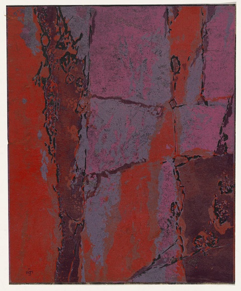 Artist: b'Thorpe, Lesbia.' | Title: b'Rockface' | Date: 1960 | Technique: b'linocut, printed in colour, from four blocks'