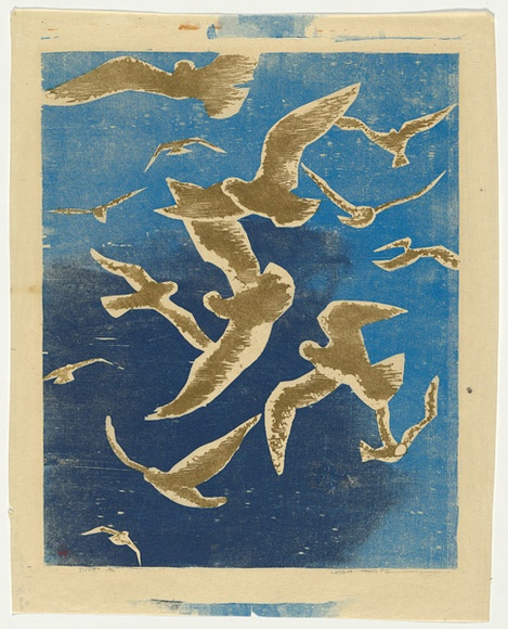 Artist: b'Thorpe, Lesbia.' | Title: b'Flight' | Date: 1960 | Technique: b'linocut, printed in colour, from three blocks'