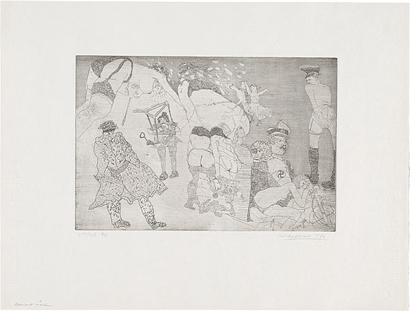 Artist: b'WALKER, Murray' | Title: b'Innocent maiden.' | Date: 1976 | Technique: b'etching and aquatint, printed in black ink, from one plate'