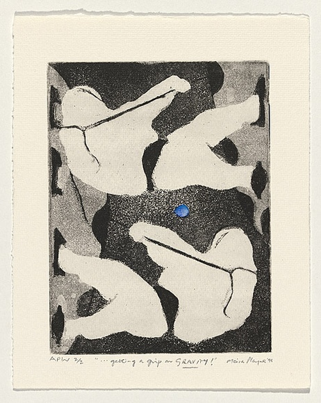 Artist: b'PLAYNE, Moira' | Title: b'Getting a grip on gravity' | Date: 1999, October | Technique: b'aquatint and open-bite, printed in black ink, from one plate; handcoloured with watercolour' | Copyright: b'\xc2\xa9 Moira Playne, 1999'