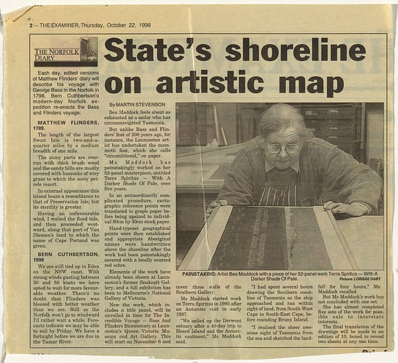 Title: bNewspaper clipping from The Examiner: State's shoreline on artistic map | Date: 1998