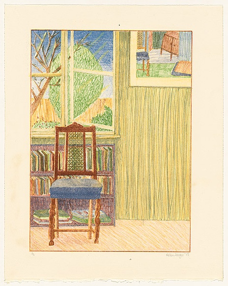 Title: b'not titled [chair upholstered in blue cloth, bookcase and window at rear]' | Date: 1978 | Technique: b'lithograph, printed in colour, from multiple stones [or plates]'