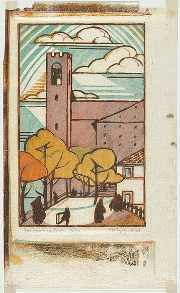 Artist: b'Syme, Eveline' | Title: b'San Domenico, Sienna.' | Date: 1931 | Technique: b'linocut, printed in colour, from four blocks (cobalt green, yellow ochre, vermillion, raw umber)'