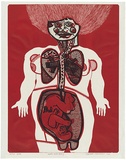 Artist: b'HANRAHAN, Barbara' | Title: b'Mother and baby' | Date: 1966 | Technique: b'lithograph, printed in red, etching, printed in black ink, from two plates'