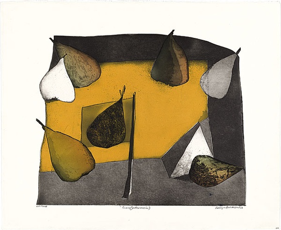 Artist: b'BALDESSIN, George' | Title: b'Pears (yellow version).' | Date: 1972 | Technique: b'etching and aquatint, printed in black ink, from one shaped plate; over stencil, printed in gradated colour roll, from six stencils.'