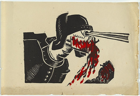 Artist: b'UNKNOWN, WORKER ARTISTS, SYDNEY, NSW' | Title: b'Not titled (helmeted head with clenched fist).' | Date: 1933 | Technique: b'linocut, printed in colour, from two blocks (black and red)'