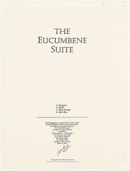 Title: b'The Eucumbene suite - title page' | Date: 1987 | Technique: b'letterpress text'