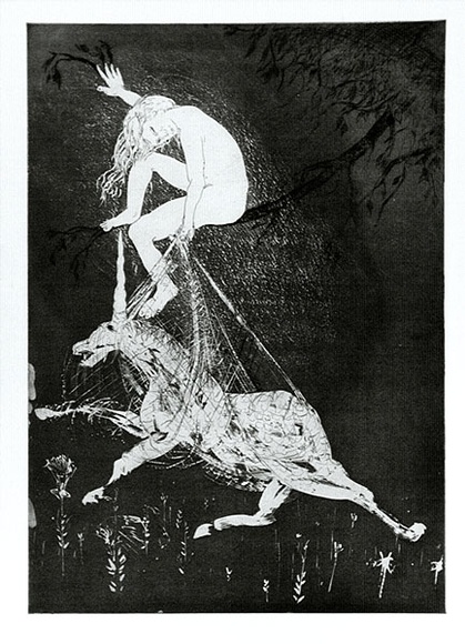 Artist: b'BOYD, Arthur' | Title: b'The lady betrays the unicorn.' | Date: 1973-74 | Technique: b'etching, printed in black ink, from one plate' | Copyright: b'Reproduced with permission of Bundanon Trust'