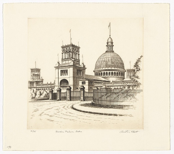 Artist: b'PLATT, Austin' | Title: b'Garden Palace Gates, Macquarie St (now Shakespeare Square)' | Date: c.1987 | Technique: b'etching, printed in black ink, from one plate'