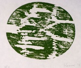 Artist: b'SHEARER, Mitzi' | Title: b'not titled [oval]' | Date: 1978 | Technique: b'woodcut, printed in green ink, from one block'